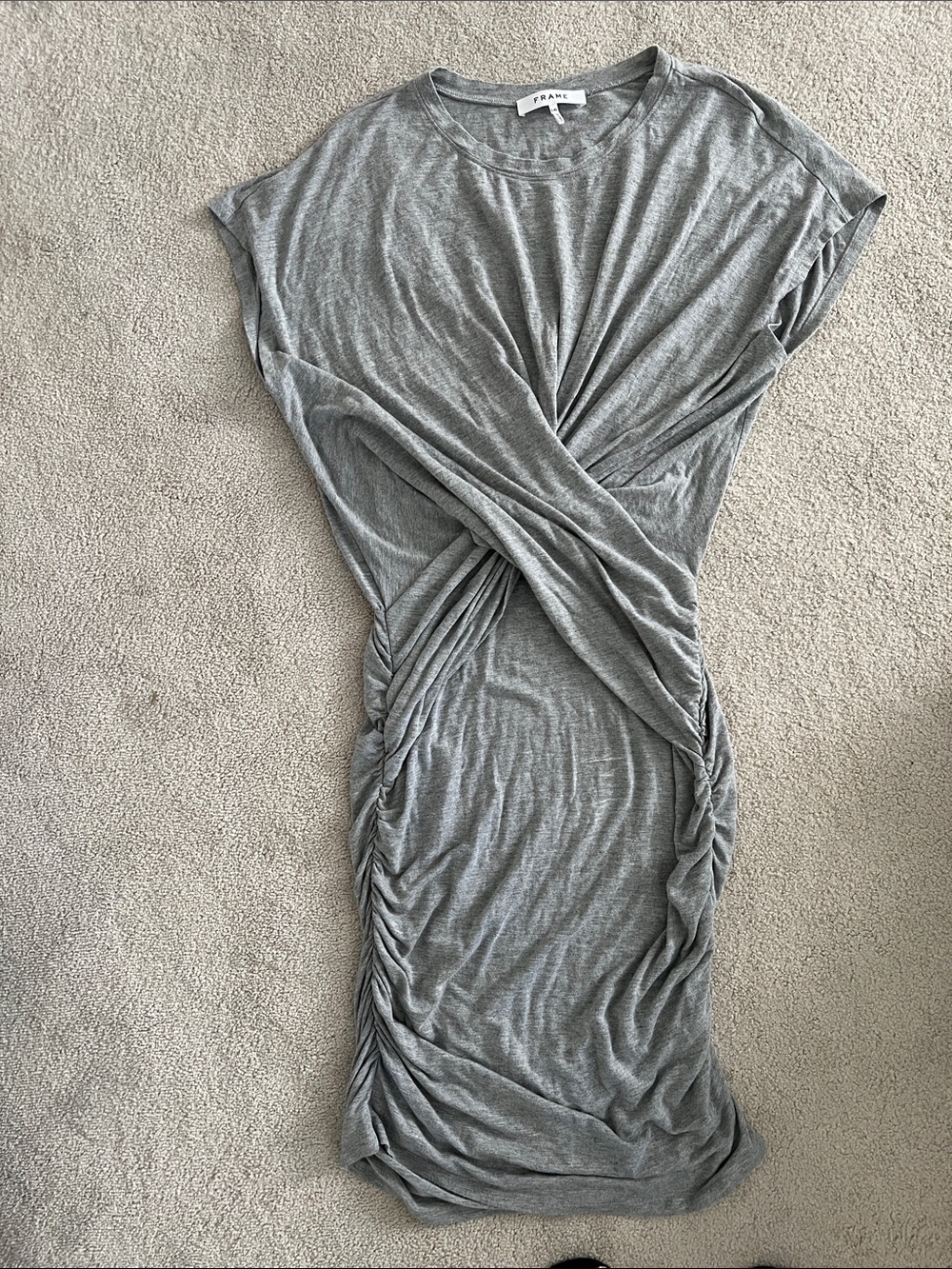 FRAME Grey Ruched Twist Front Midi Dress ( super soft ) stretchy